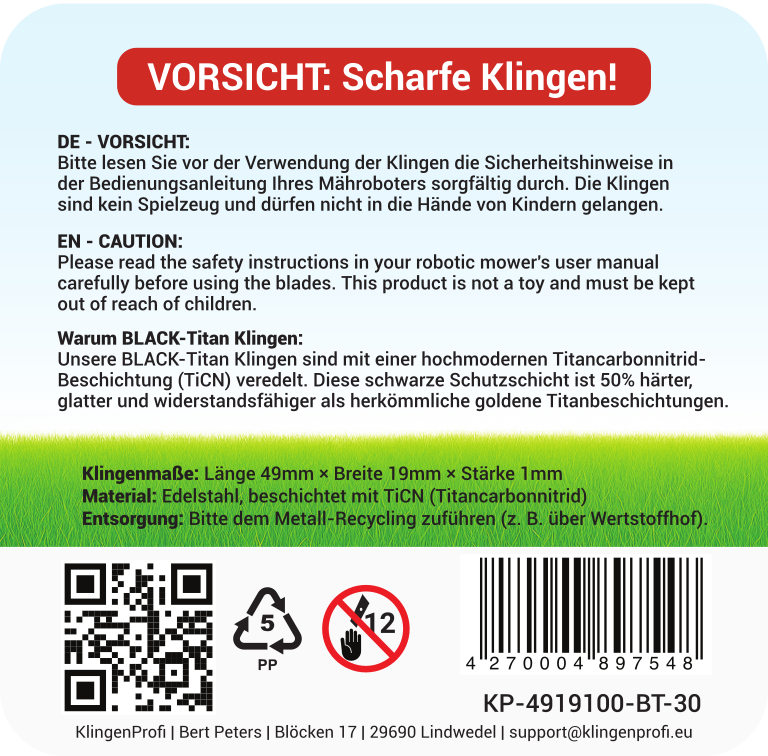 30 BLACK-Titan Klingen für Bosch Indego und Honda Miimo - KlingenProfi
