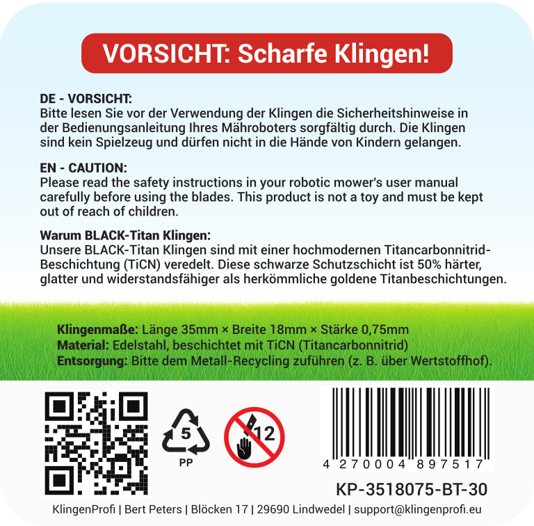 30 BLACK-Titan Klingen für Gardena, Husqvarna, Segway, Yardforce, uvm. - KlingenProfi