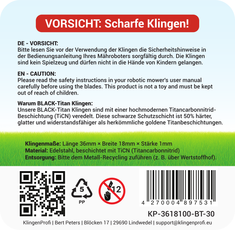 30 BLACK-Titan Klingen für Worx, Einhell, Robomow, Kress, Landxcape, uvm. - KlingenProfi