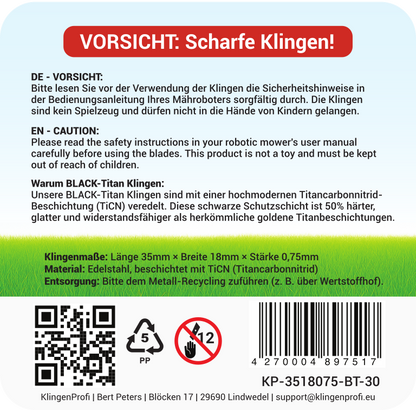 30 BLACK-Titan Klingen für Gardena, Husqvarna, Segway, Yardforce, uvm. - KlingenProfi