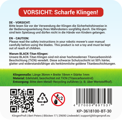 30 BLACK-Titan Klingen für Worx, Einhell, Robomow, Kress, Landxcape, uvm. - KlingenProfi